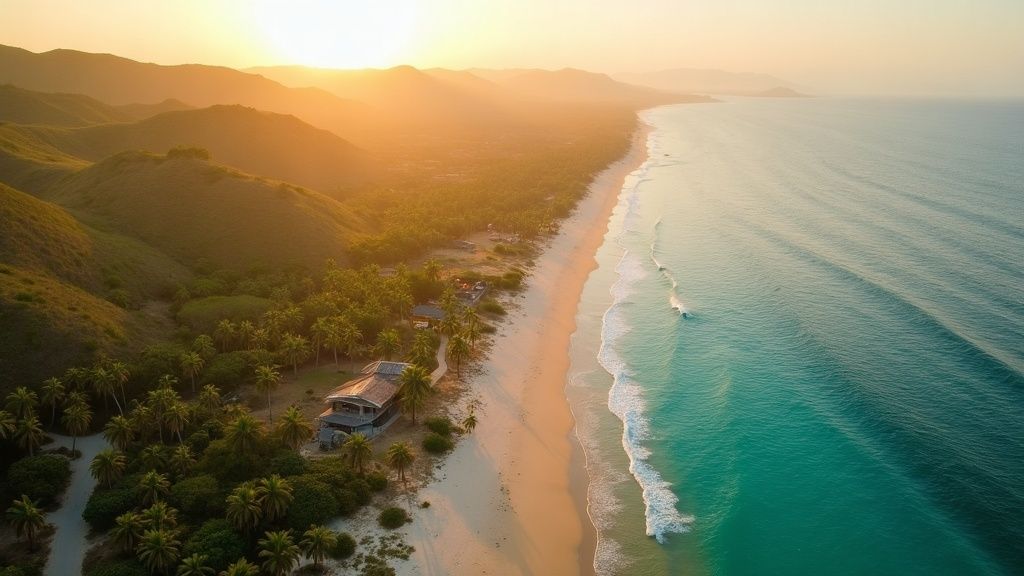 Drone-opname van een ongerepte Caribische kustlijn bij laagstaande zon