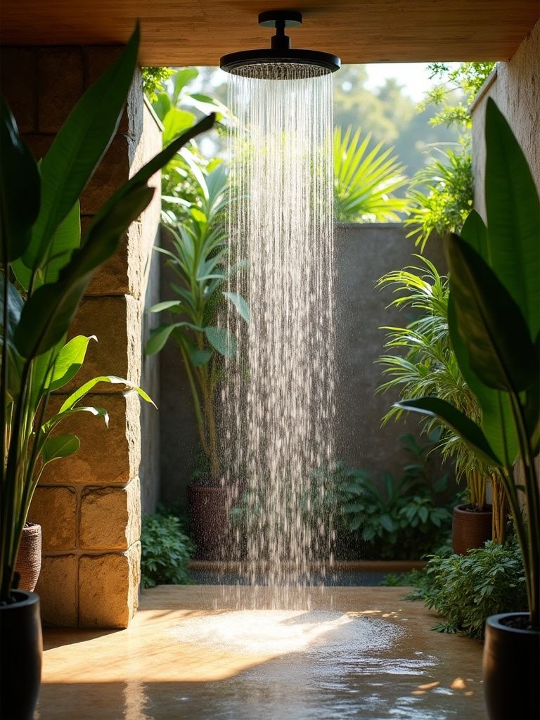 Buitendouche van Orilla Clara tussen tropische planten
