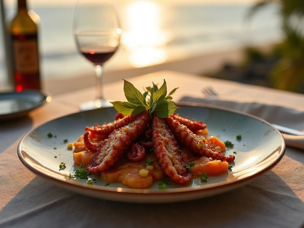 Gerecht met octopus in het restaurant van Orilla Clara