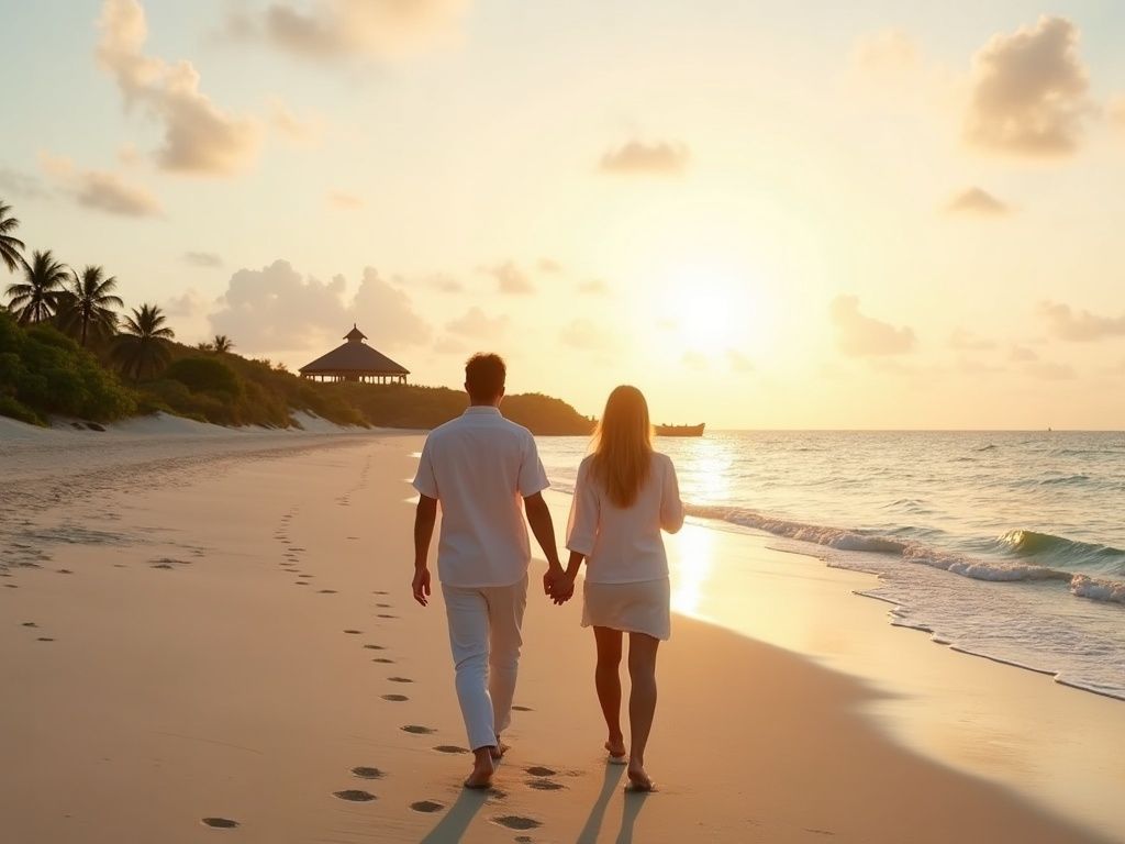 Twee mensen wandelen hand in hand over het strand bij zonsondergang