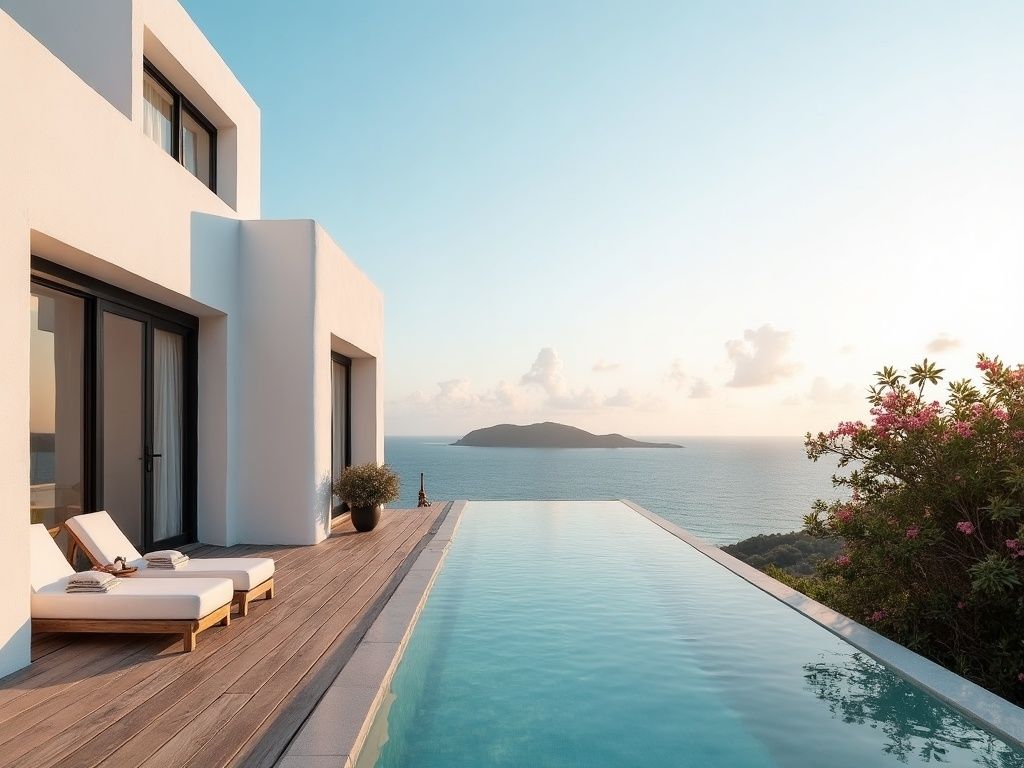 Terras van Villa Awa Kalma met ligstoelen boven het Spaanse Water